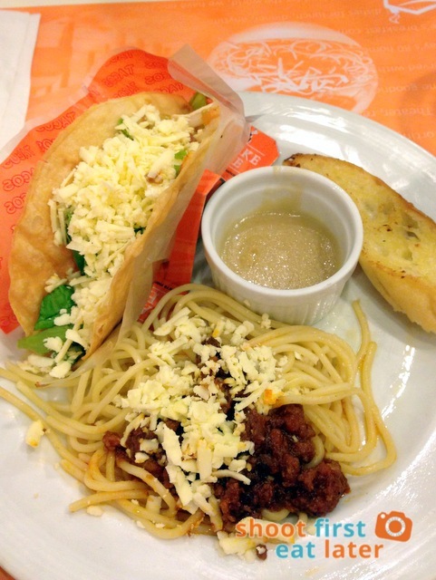 Pancake House- House Specials Set Taco, Spaghetti with Meat Sauce and Garlic Bread, 1pc. Pan Chicken and Iced Tea P257