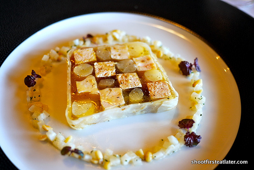 Duck foie gras & chicken terrine w/ salsify in hazlenut dressing