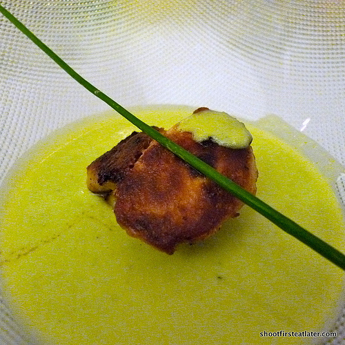 Seared foie gras, US scallop potato peat soup