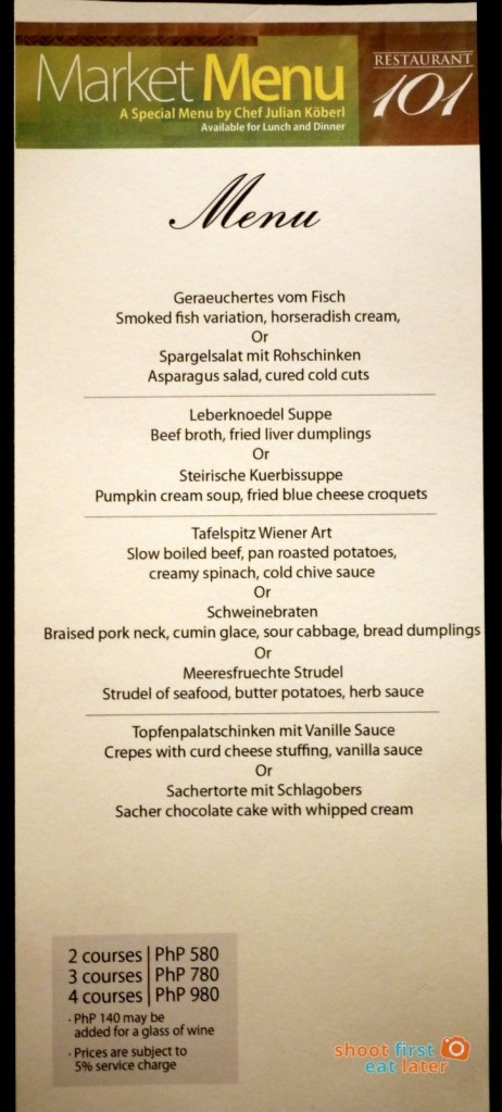 Enderun's Restaurant 101 Market Menu