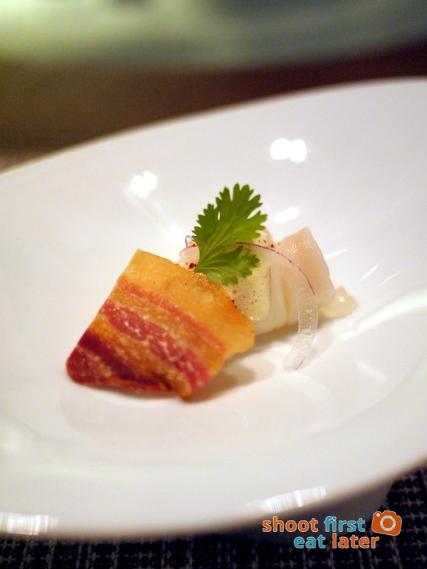 Allium Restaurant - Amuse Bouche - Dorade Ceviche with Dehydrated Kurobota Pork Belly Chip