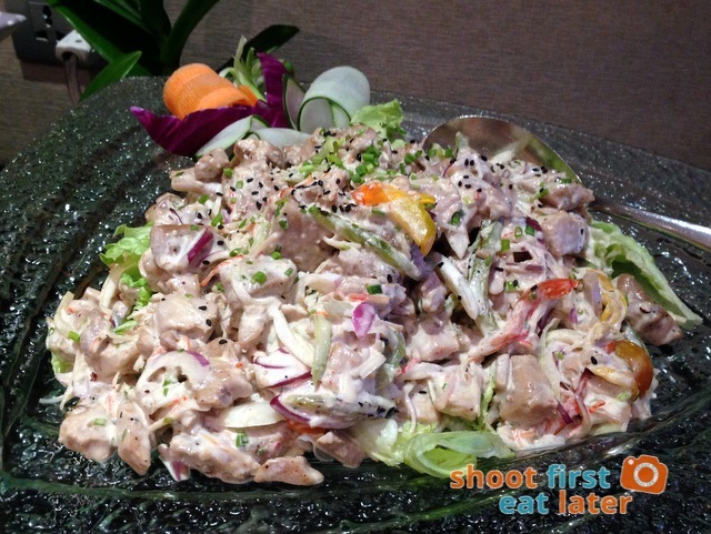 tuna salad with crab stick, crisp greens in miso dressing