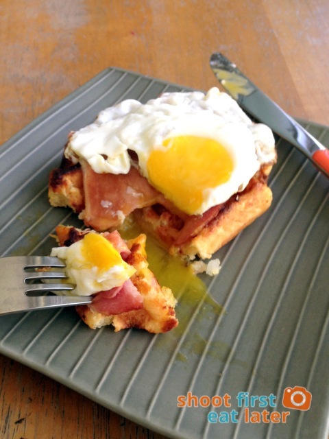 Pegi Waffles- cheese waffle, Deli de San Honore glazed ham and fried egg
