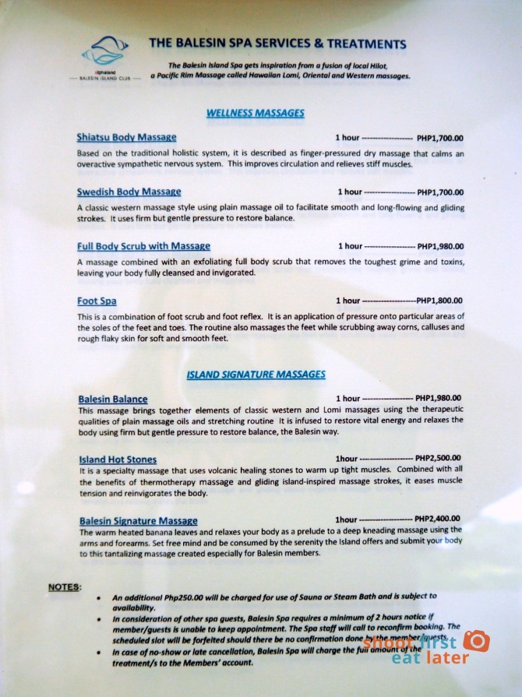 The Balesin Spa menu
