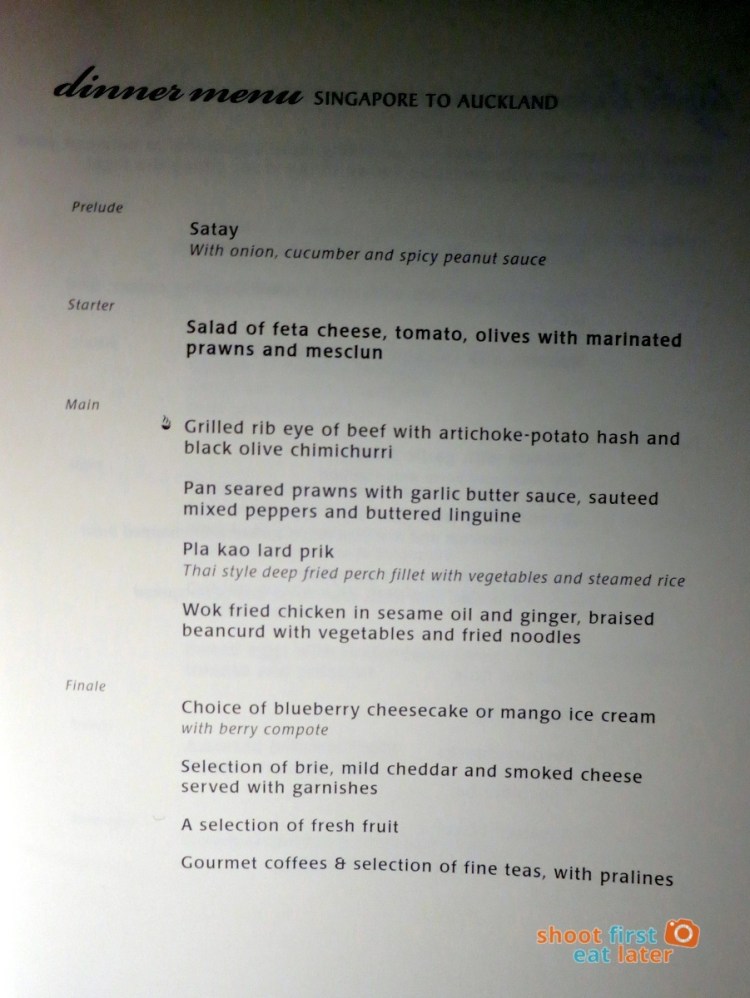 SQ 285 Boeing 777 300ER  business class dinner menu
