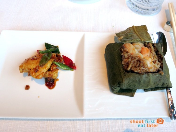 Tin Lung Heen - Wok-Fried Chicken with Black Bean Sauce, Fried Rice with Diced Abalone & Shrimp wrapped in Lotus Leaf