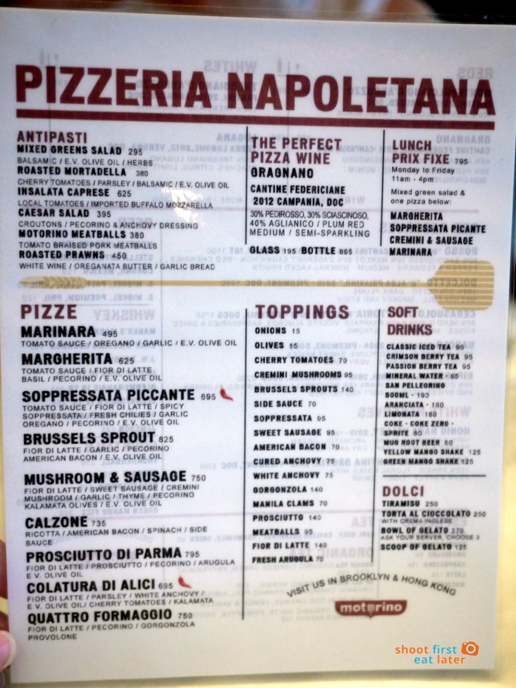 Motorino Pizza Manila Menu