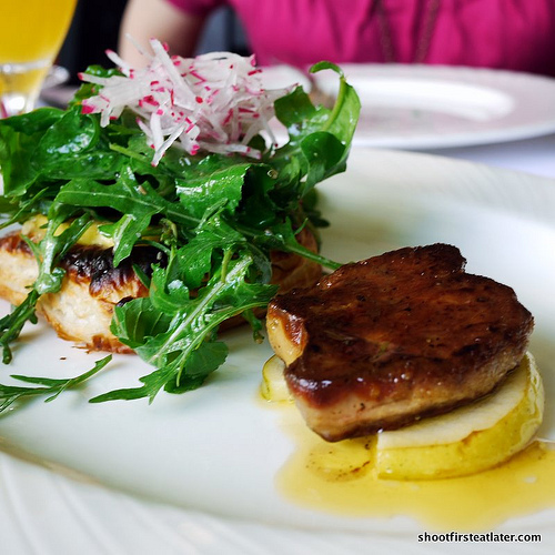 quattro formaggi tart, roquette salad, apple mustard vinaigrette w/ pan seared foie gras