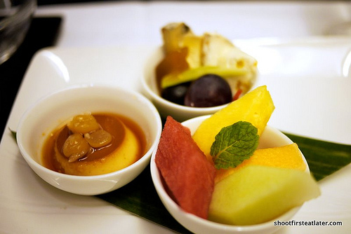 fruits, leche flan, cheese & nuts