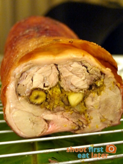 boneless Greek style lechon stuffed with apples, chestnuts