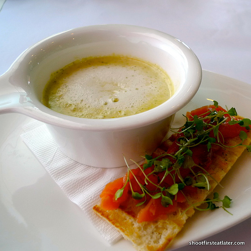 Silver Lake Sharp Cheddar & romaine lettuce soup w/ Smoked Salmon Bruschetta