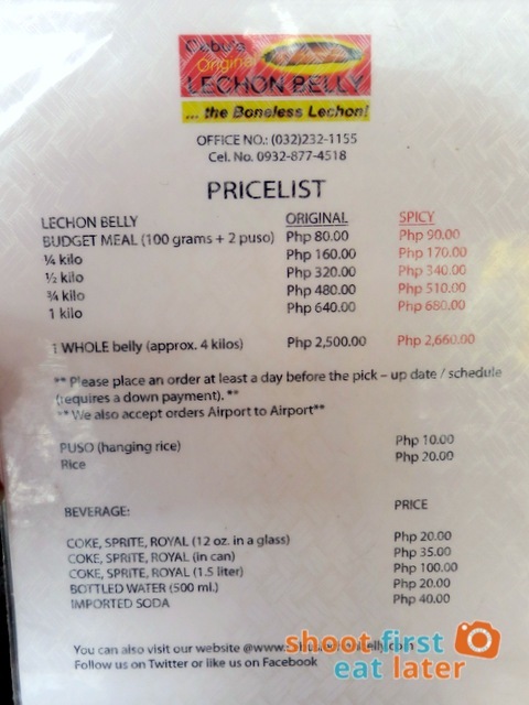 Cebu's Original Lechon Belly at Mall of Asia - menu
