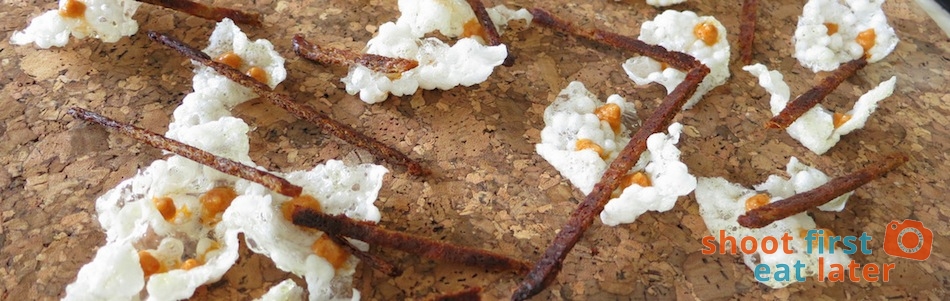 2am lab- tapioca crisp with peanut sauce & chicken skin rendng strips