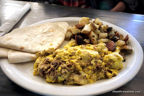 Dottie's True Blue Cafe-Pulled pork, onions, jack cheese scramble