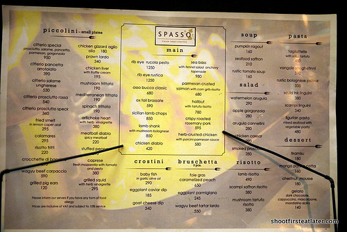 Spasso's menu