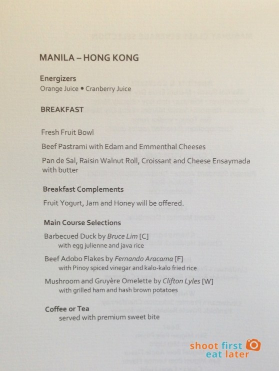 PAL breakfast menu Mnl-Hkg
