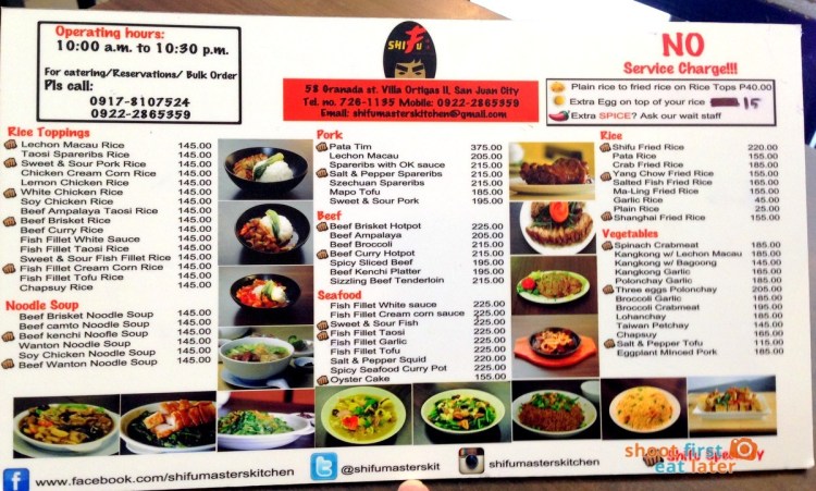 Shifu Master's Kitchen menu
