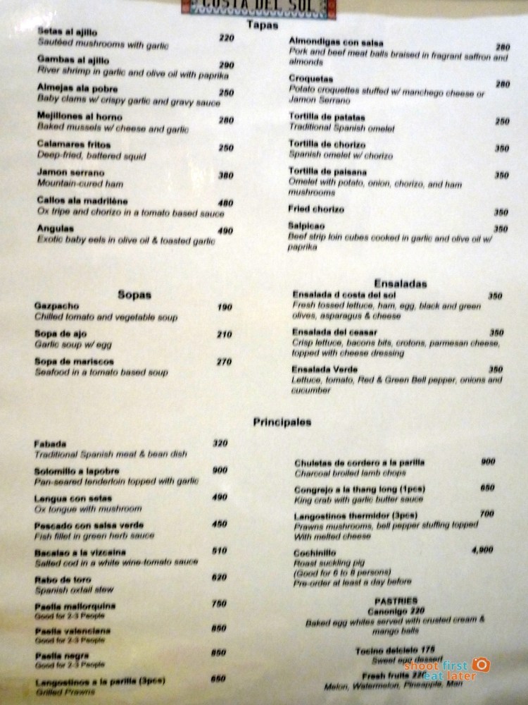 Costa del Sol (The City Club)- menu